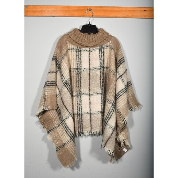 World Market Brown Windowpane Turtleneck Pullover Boucle Poncho Sweater One Size - Picture 2 of 4